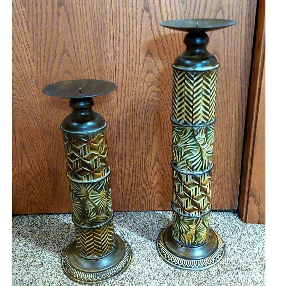 Vintage Boho Bronze Column Pillar Candle Holder Pair Tall 19 Inch